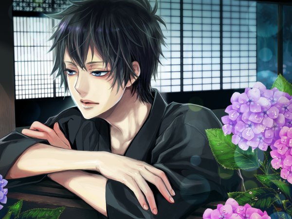 Anime picture 1024x768 with katekyou hitman reborn hibari kyouya yamimomo single short hair blue eyes black hair wallpaper crossed arms boy flower (flowers) water drop hydrangea