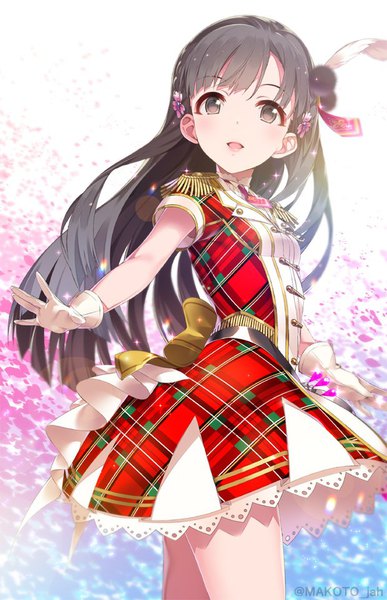 Anime picture 620x960 with idolmaster idolmaster cinderella girls idolmaster cinderella girls starlight stage kobayakawa sae mizuki makoto single long hair tall image looking at viewer fringe open mouth black hair signed black eyes from below twitter username outstretched arm across the stars girl dress