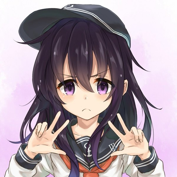 Anime picture 1000x1000 with kantai collection akatsuki destroyer azuuru single long hair looking at viewer blush black hair simple background purple eyes portrait victory >:( girl sailor suit flat cap anchor symbol