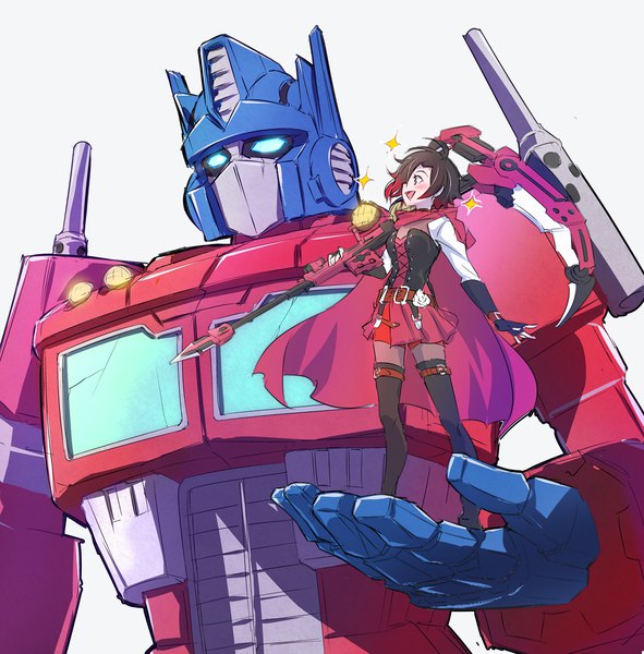 Anime picture 1262x1282 with rwby transformers rooster teeth ruby rose optimus prime iesupa single tall image short hair open mouth black hair standing red hair long sleeves profile multicolored hair two-tone hair grey eyes gradient hair company connection
