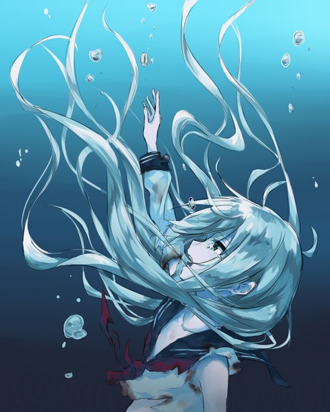 Anime picture 1600x2000 with kantai collection hibiki destroyer azuuru single long hair tall image fringe blue eyes silver hair profile arm up tears torn clothes underwater girl uniform serafuku ring bubble (bubbles)