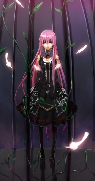 Anime picture 1860x3543 with vocaloid megurine luka jiu daimu (artist) single long hair tall image looking at viewer fringe highres blue eyes simple background standing bare shoulders pink hair very long hair reflection dark background angel wings bat wings bondage