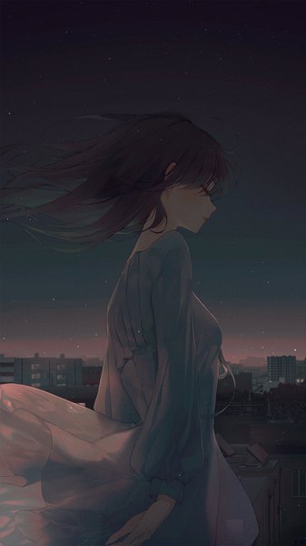 Anime picture 1124x2000 with original seol single long hair tall image fringe brown hair standing ahoge outdoors eyes closed long sleeves parted lips profile wind night night sky city cityscape girl