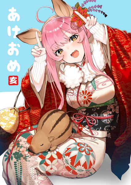 Anime picture 752x1062 with original pyz (cath x tech) single long hair tall image looking at viewer blush fringe open mouth simple background sitting animal ears yellow eyes payot pink hair ahoge blunt bangs traditional clothes head tilt :d