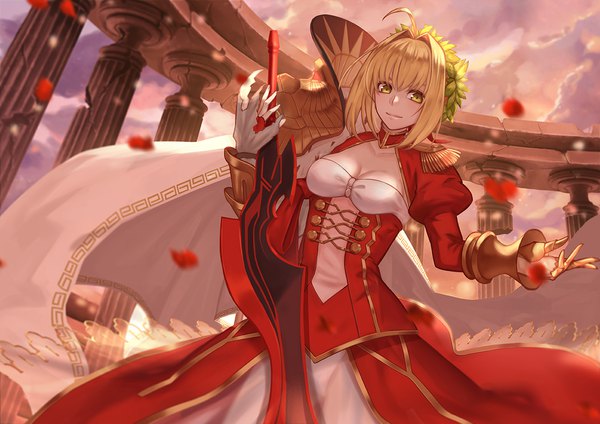 Anime picture 1191x842 with fate (series) fate/stay night fate/extra artoria pendragon (all) saber nero claudius (fate) nero claudius (fate/extra) whitem (whiteemperor2020) single short hair blonde hair yellow eyes sky cloud (clouds) underbust girl dress weapon petals sword