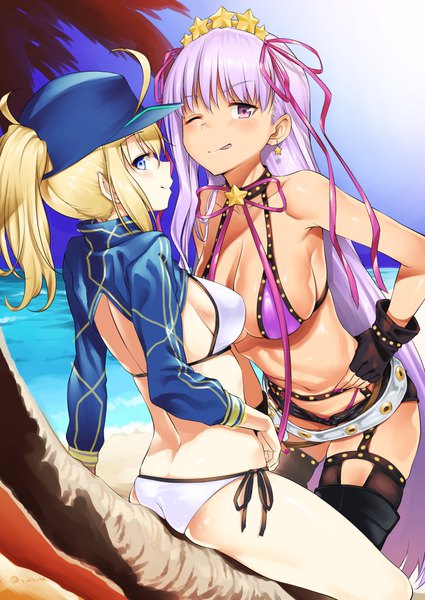 Anime picture 800x1130 with fate (series) fate/grand order artoria pendragon (all) bb (fate) (all) bb (swimsuit mooncancer) (fate) mysterious heroine xx (foreigner) inu (aerodog) long hair tall image looking at viewer blush fringe breasts open mouth blue eyes light erotic blonde hair large breasts sitting purple eyes