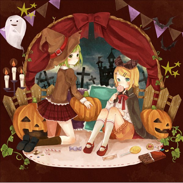 Anime picture 1038x1038 with vocaloid kagamine rin gumi looking at viewer blush short hair blonde hair multiple girls green eyes yellow eyes looking back green hair halloween girl skirt hair ornament bow 2 girls hair bow socks