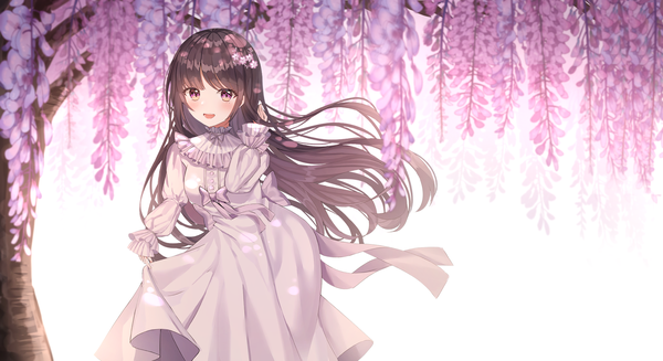 Anime picture 1980x1080 with original auro drm single long hair looking at viewer blush fringe highres open mouth black hair smile wide image standing white background purple eyes payot outdoors blunt bangs long sleeves :d