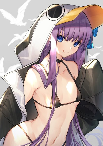 Anime picture 1000x1412 with fate (series) fate/grand order meltryllis (fate) meltryllis (swimsuit lancer) (fate) meltryllis (swimsuit lancer) (first ascension) (fate) coyucom single long hair tall image looking at viewer blush fringe breasts blue eyes light erotic hair between eyes payot purple hair open clothes :q