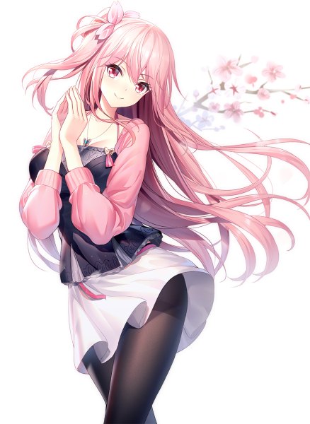 Anime picture 876x1200 with original emily stock ririko (zhuoyandesailaer) single long hair tall image looking at viewer blush fringe breasts simple background smile hair between eyes standing white background pink hair head tilt pink eyes one side up floating hair