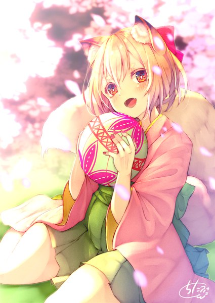 Anime picture 1417x2000 with original chita (ketchup) single tall image looking at viewer blush fringe short hair open mouth blonde hair smile hair between eyes red eyes sitting holding signed animal ears bent knee (knees) outdoors tail