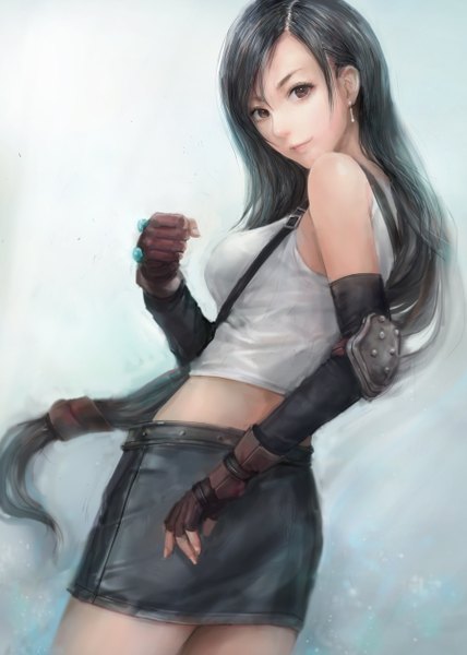 Anime picture 896x1256 with final fantasy square enix tifa lockhart misshu single long hair tall image looking at viewer fringe breasts black hair smile standing brown eyes light smile girl skirt gloves earrings armor