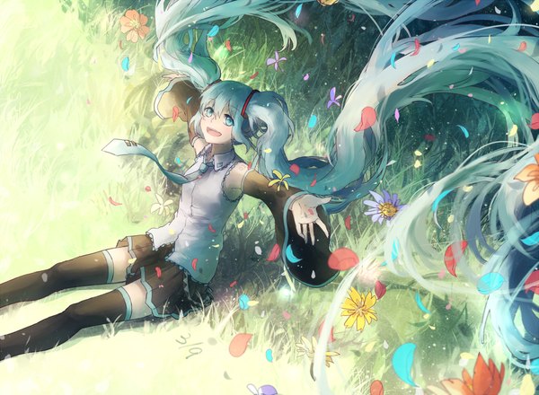 Anime picture 1252x920 with vocaloid hatsune miku domik single open mouth sitting twintails very long hair aqua eyes from above wind aqua hair spread arms girl flower (flowers) plant (plants) detached sleeves petals necktie grass
