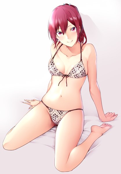 Anime picture 695x1000 with free! kyoto animation matsuoka gou nanao (mahaya) single long hair tall image looking at viewer blush light erotic smile red eyes sitting bare shoulders ponytail red hair barefoot arm support bare legs bare belly