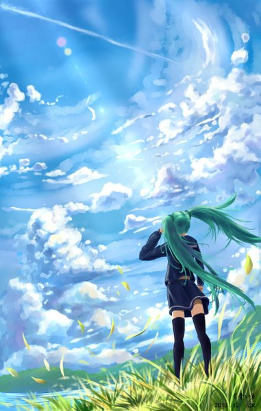 Anime picture 813x1280 with vocaloid hatsune miku yuko-san single long hair tall image twintails sky cloud (clouds) wind from behind sunlight aqua hair mountain girl thighhighs uniform black thighhighs plant (plants) water