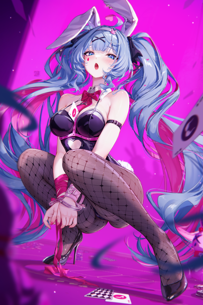Anime picture 4200x6300 with vocaloid rabbit hole (vocaloid) hatsune miku mitsu (mitsu art) single tall image looking at viewer blush fringe highres breasts open mouth blue eyes light erotic large breasts twintails animal ears payot blue hair absurdres