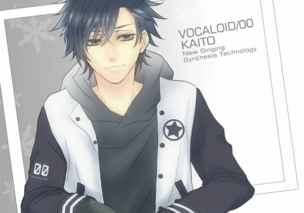 Anime picture 1024x717 with vocaloid kaito (vocaloid) moco 315 single short hair black hair smile black eyes inscription star print boy star (symbol) hoodie hooded jacket