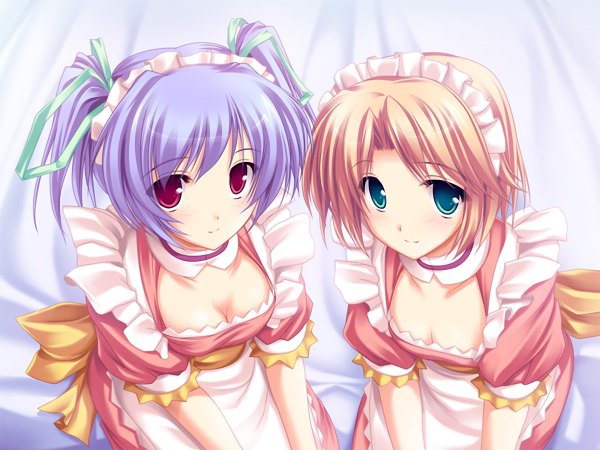 Anime picture 1200x900 with short hair light erotic red eyes twintails pink hair game cg cleavage purple hair aqua eyes maid short twintails headband