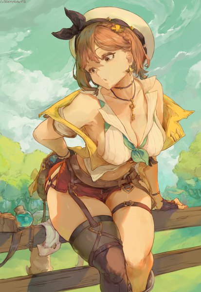 Anime picture 3808x5535 with atelier (series) atelier ryza gust (company) reisalin stout cutesexyrobutts single tall image fringe highres short hair breasts light erotic brown hair large breasts sitting bare shoulders brown eyes signed looking away absurdres