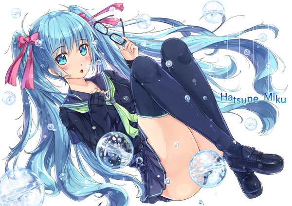 Anime picture 1432x1012 with vocaloid hatsune miku kazeno single blush open mouth light erotic white background twintails very long hair aqua eyes aqua hair girl thighhighs skirt uniform bow black thighhighs hair bow glasses