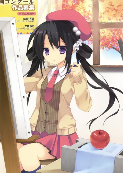 Anime picture 2494x3500 with original purinko single long hair tall image highres black hair sitting purple eyes twintails looking away scan hair rings girl plant (plants) tree (trees) necktie window beret fruit