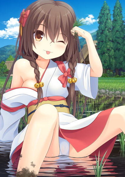 Anime picture 905x1280 with original iwamoto sora single long hair tall image looking at viewer light erotic black hair brown eyes sky cloud (clouds) braid (braids) traditional clothes japanese clothes one eye closed wink dojikko pose girl underwear panties