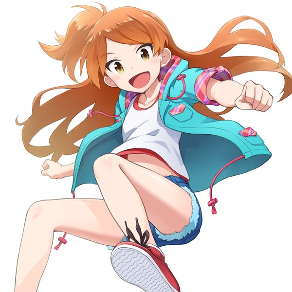 Anime picture 1000x1000 with idolmaster idolmaster million live! oogami tamaki mofu single long hair looking at viewer blush open mouth yellow eyes orange hair one side up jumping casual girl jacket shorts t-shirt