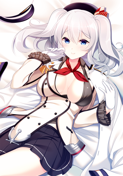 Anime picture 1000x1420 with kantai collection kashima training cruiser shirogane rio single long hair tall image looking at viewer breasts blue eyes light erotic white hair girl skirt gloves miniskirt white gloves epaulettes