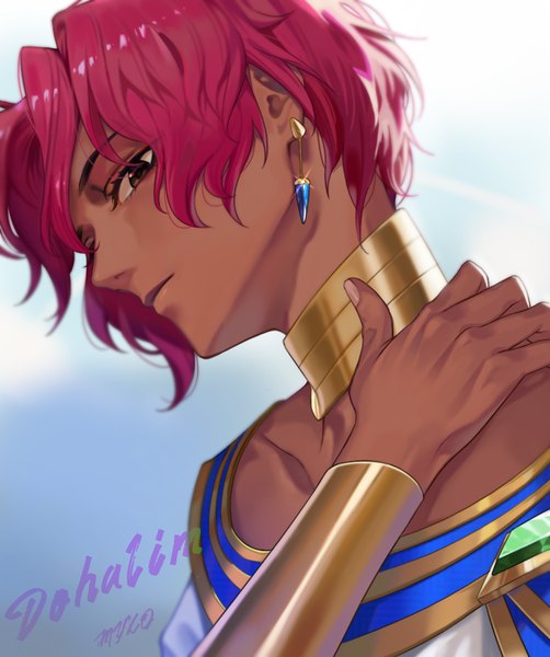 Anime picture 856x1024 with tales of (series) tales of arise dohalim (tales) peach luo single tall image short hair upper body red hair character names dark skin portrait hand on shoulder boy earrings gold