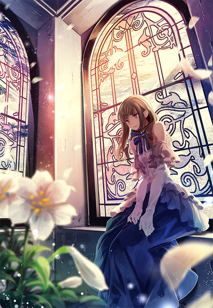 Anime picture 623x900 with original yasuno (airy light) single long hair tall image blush brown hair sitting brown eyes looking away depth of field girl skirt gloves flower (flowers) petals elbow gloves frills white gloves stained glass