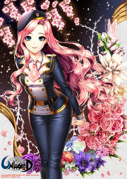 Anime picture 1535x2165 with unleashed black joa long hair tall image blue eyes smile pink hair parted lips leaning leaning forward cherry blossoms wavy hair girl uniform flower (flowers) plant (plants) petals tree (trees) belt rose (roses)