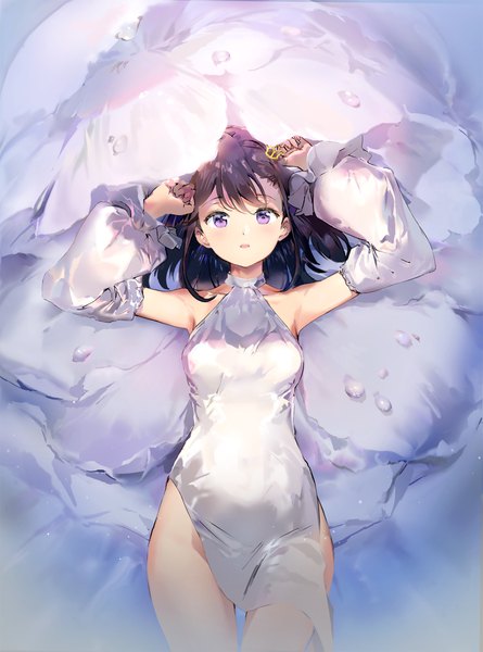 Anime picture 3040x4096 with original visions anmi single long hair tall image looking at viewer blush fringe highres open mouth light erotic black hair purple eyes bare shoulders payot absurdres lying from above arms up