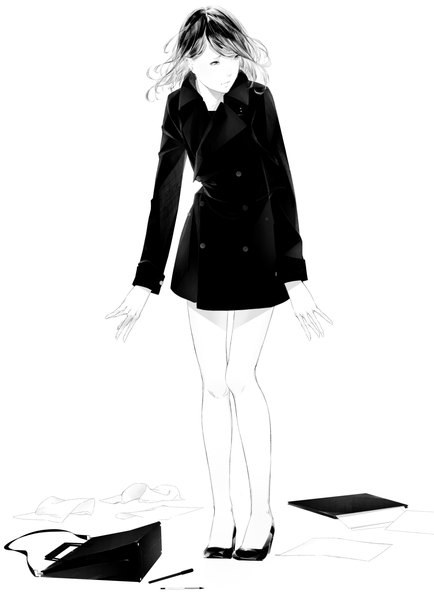Anime picture 1280x1769 with original sousou (sousouworks) single long hair tall image black hair simple background white background looking away full body bare legs high heels girl jacket bag paper handbag pen