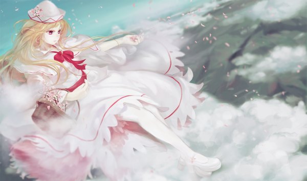 Anime picture 1861x1100 with touhou lily white jq single long hair highres blonde hair wide image sky cloud (clouds) pink eyes cherry blossoms girl thighhighs dress hat petals white thighhighs basket