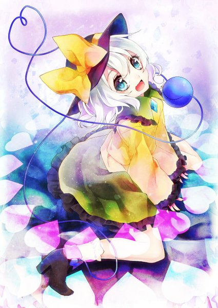 Anime picture 990x1399 with touhou komeiji koishi kyouda suzuka single tall image looking at viewer short hair open mouth blue eyes sitting white hair long sleeves from above heart of string girl bow hat heart eye