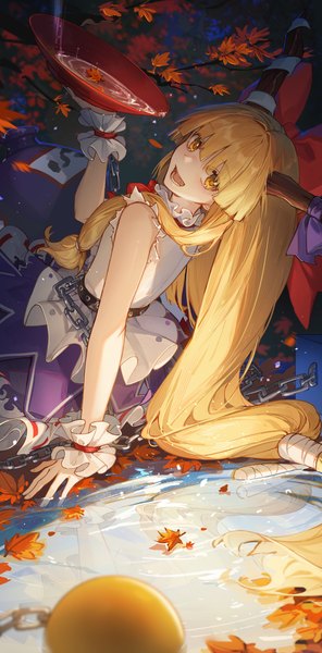 Anime picture 3060x6207 with touhou ibuki suika kotatsu kaya single tall image looking at viewer fringe highres open mouth blonde hair sitting yellow eyes absurdres blunt bangs very long hair :d horn (horns) arm support sleeveless low ponytail