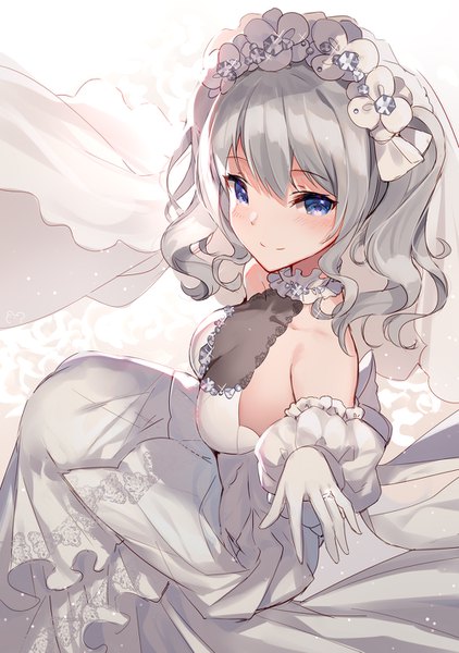 Anime picture 1000x1421 with kantai collection kashima training cruiser bison cangshu single tall image looking at viewer blush fringe short hair breasts blue eyes light erotic simple background smile sitting twintails bare shoulders silver hair sparkle short twintails