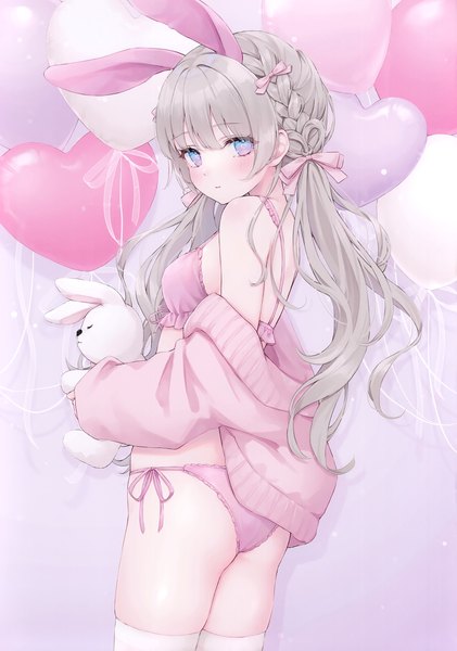 Anime picture 2105x3002 with original shano hiyori single long hair tall image looking at viewer blush fringe highres blue eyes light erotic simple background standing twintails animal ears ass braid (braids) grey hair scan off shoulder