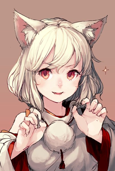 Anime picture 676x1000 with touhou inubashiri momiji junwool single tall image blush fringe short hair open mouth simple background blonde hair smile red eyes animal ears looking away teeth fang (fangs) wolf ears sharp teeth brown background