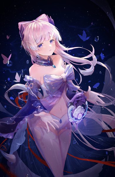 Anime picture 2048x3146 with genshin impact sangonomiya kokomi shumuji single tall image looking at viewer highres standing purple eyes pink hair very long hair from above girl thighhighs gloves bow detached sleeves white gloves insect detached collar