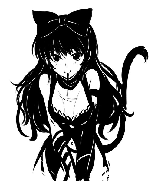 イラスト 1331x1600 と rwby rooster teeth blake belladonna いえすぱ ソロ 長髪 長身像 カメラ目線 黒髪 笑顔 白背景 holding 尻尾 animal tail cat tail fang (fangs) mouth hold monochrome incoming pocky kiss 女の子