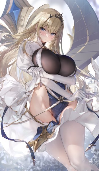 Anime picture 2320x4000 with azur lane painleve (azur lane) daefny single long hair tall image looking at viewer blush fringe highres breasts blue eyes light erotic blonde hair hair between eyes large breasts holding parted lips girl gloves