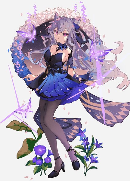 Anime picture 1297x1802 with genshin impact keqing (genshin impact) keqing (opulent splendor) (genshin impact) crystalfly (genshin impact) emmikn single long hair tall image looking at viewer fringe hair between eyes purple eyes twintails signed cleavage purple hair full body hair bun (hair buns) high heels twitter username
