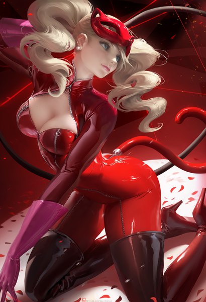 Anime picture 2326x3400 with persona 5 persona takamaki anne sakimichan single long hair tall image fringe highres blue eyes light erotic blonde hair twintails signed looking away cleavage tail light smile realistic high heels