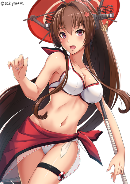 Anime picture 800x1131 with kantai collection yamato super battleship sakiyamama single tall image looking at viewer blush fringe breasts open mouth light erotic simple background hair between eyes brown hair standing white background purple eyes holding signed payot