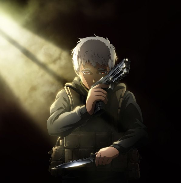 Anime picture 953x960 with jormungand call of duty white fox johnathan mar single tall image looking at viewer short hair holding brown eyes white hair indoors long sleeves sunlight official art shadow dark skin eyebrows covered mouth messy hair