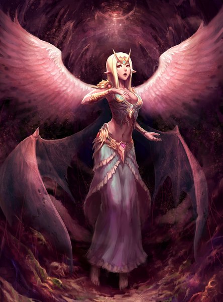 Anime picture 1037x1400 with original haoni single long hair tall image blonde hair red eyes cleavage pointy ears midriff hand on chest elf angel wings bat wings girl skirt navel wings