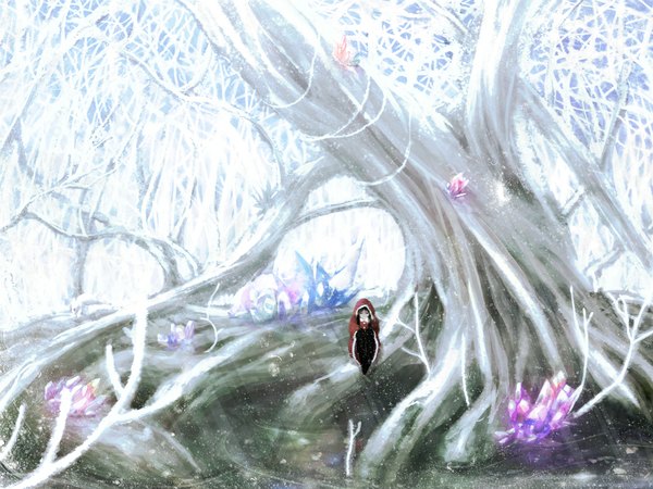 Anime picture 1168x877 with original funakura single short hair black hair sitting black eyes cold girl plant (plants) tree (trees) crystal bunny