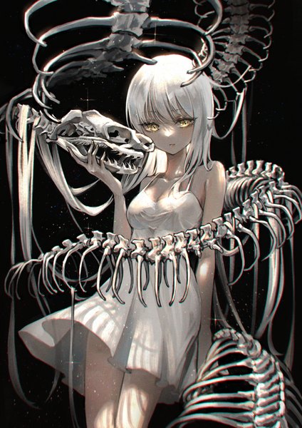 Anime picture 1447x2047 with original marutani single tall image looking at viewer fringe breasts simple background hair between eyes standing yellow eyes cleavage white hair very long hair nail polish fingernails sparkle black background skeleton girl