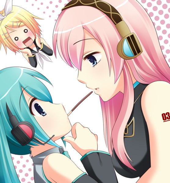 Anime picture 1388x1496 with vocaloid hatsune miku megurine luka kagamine rin mashiro yuki (artist) long hair tall image blue eyes multiple girls pink hair aqua hair sleeveless shoujo ai pocky kiss girl hair ornament 2 girls detached sleeves food sweets